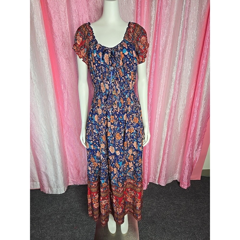 Ostoo Colorful Floral Bohemian Smocked Waist Cottagecore Maxi Dress Size XL